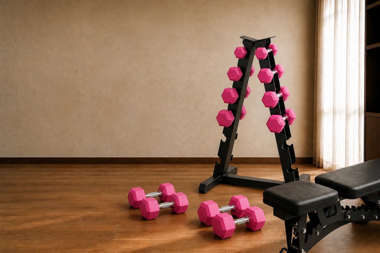 The Ageless six-tier rack with four progressively sized pink dumbbell pairs, two expansion pairs and an adjustable bench in a refined home studio