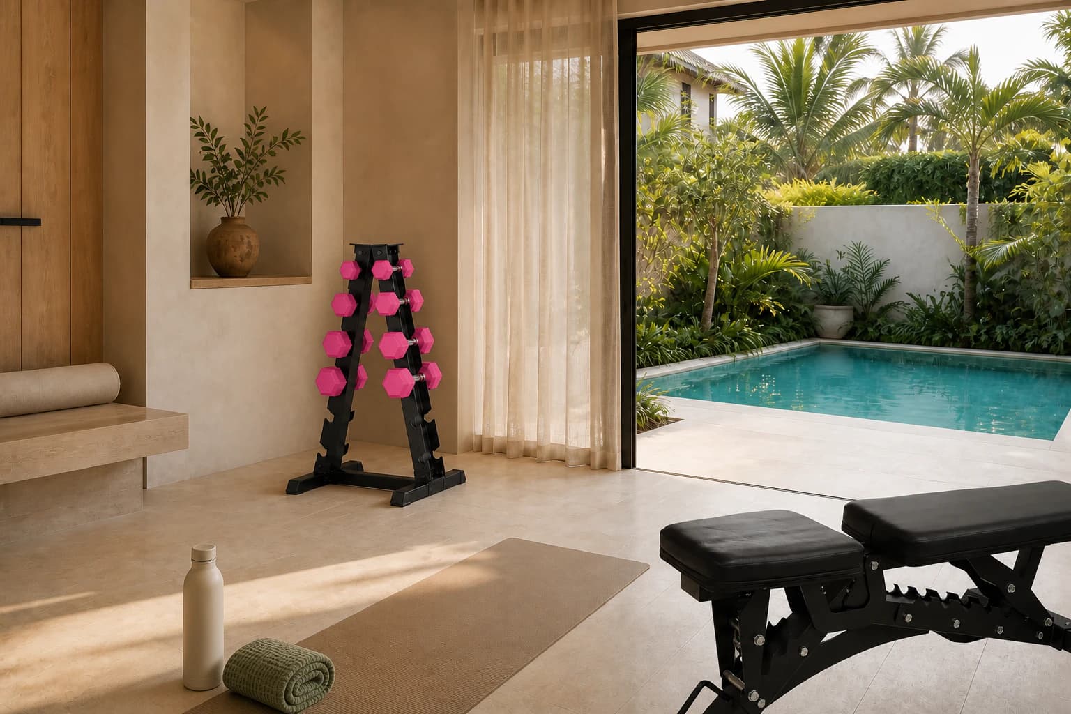 A tropical luxury wellness room overlooking a private pool